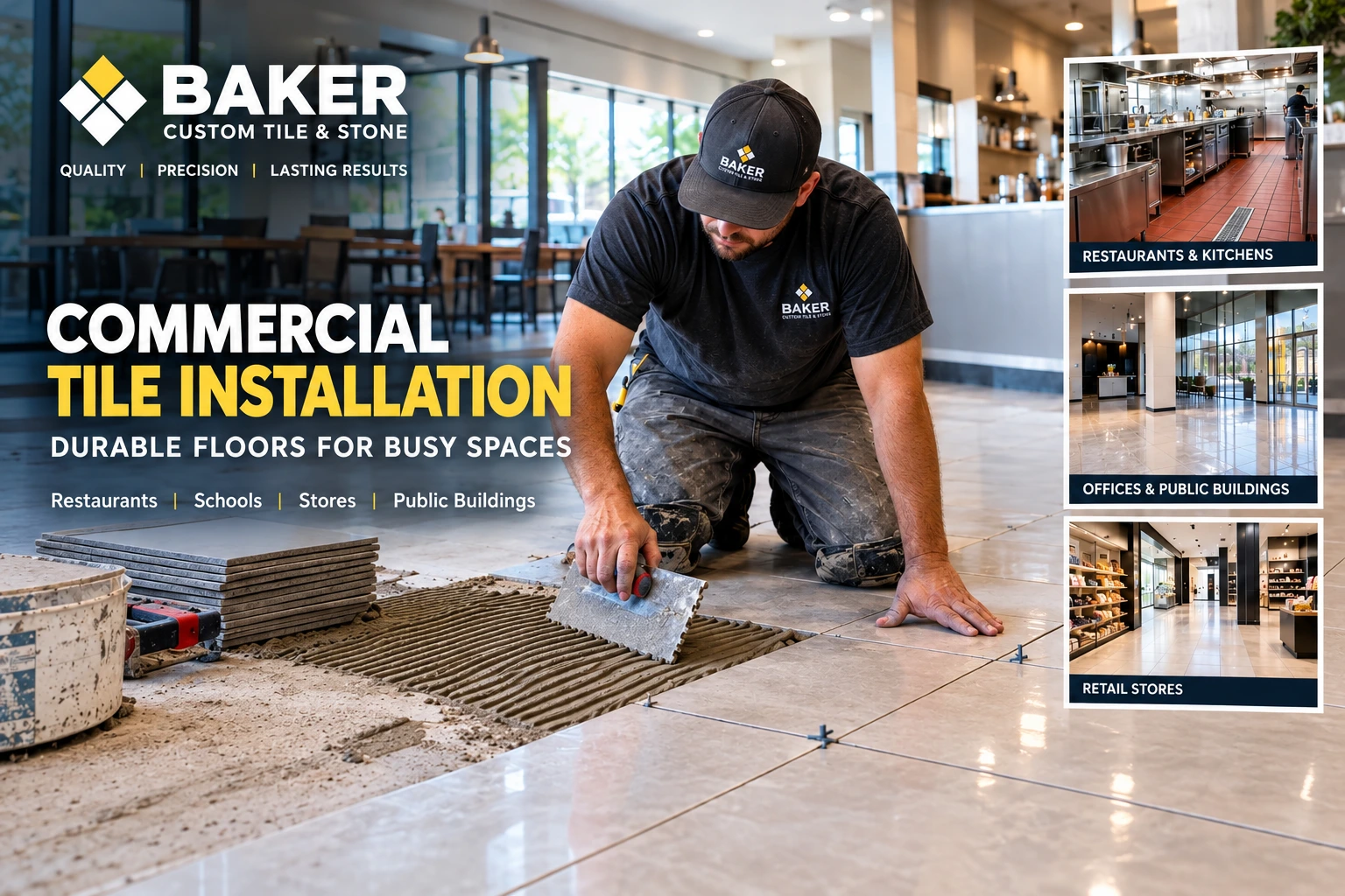 Professional commercial tile installation for restaurants, retail stores, and public buildings in Fresno County, California.